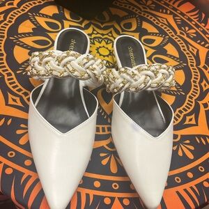 INC International Concepts White and Gold Chain Mules